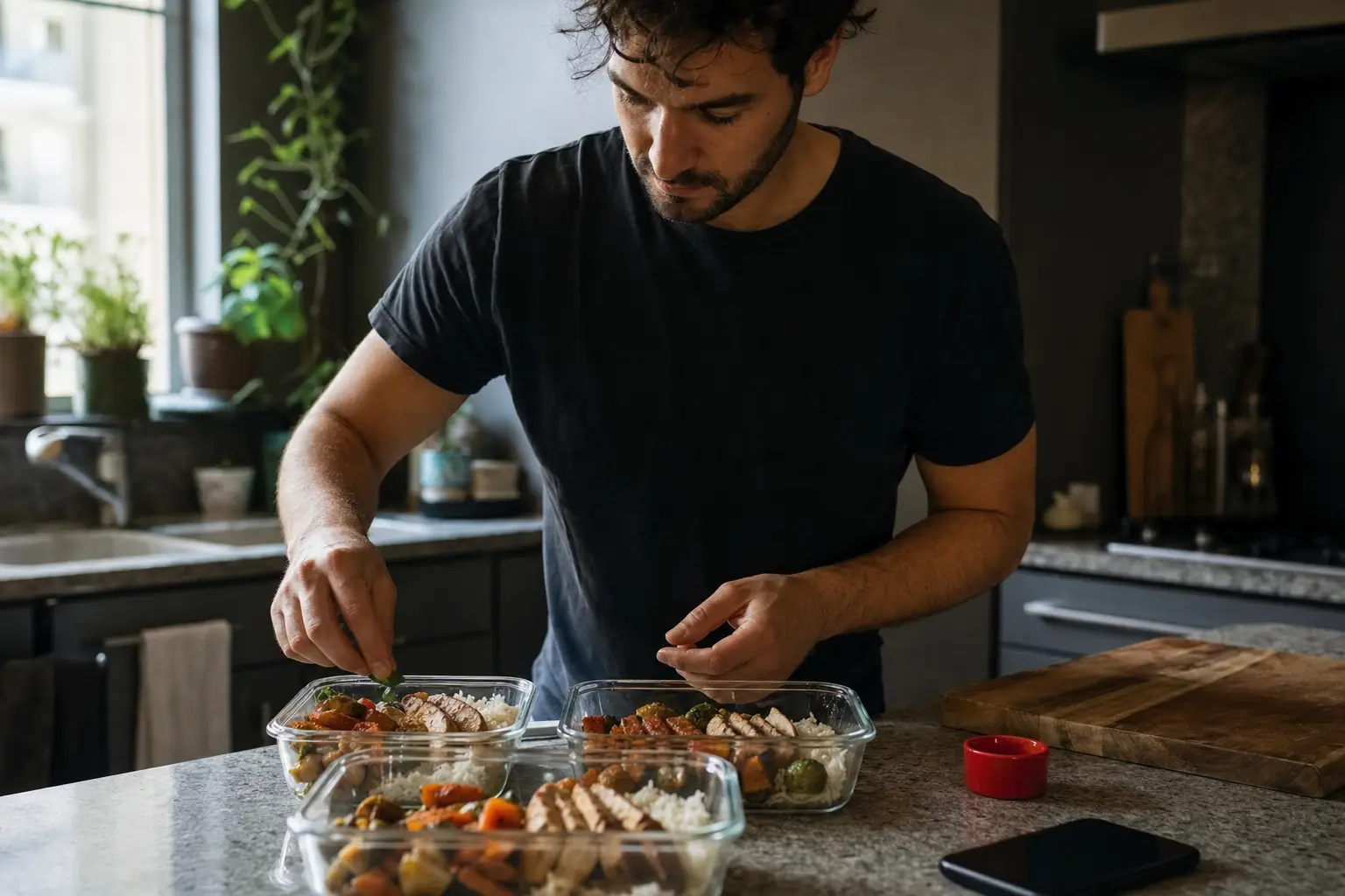 Containers of prepared meals on a kitchen counter, with a phone beside them face down.