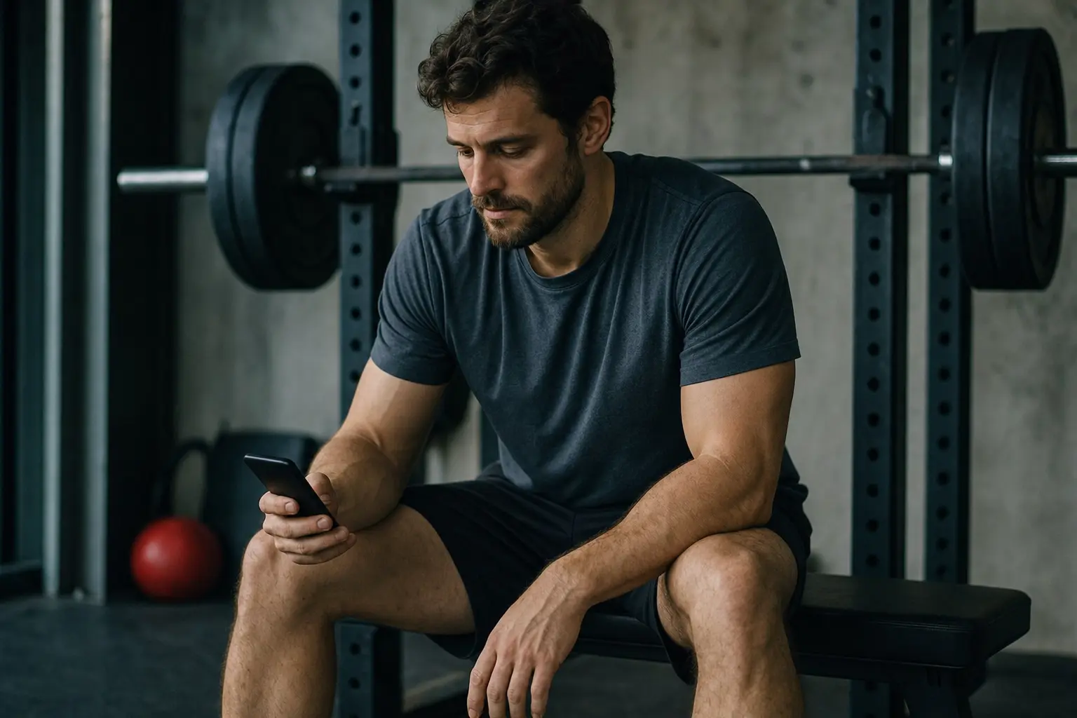 A man checking his phone on a bench between sets.
