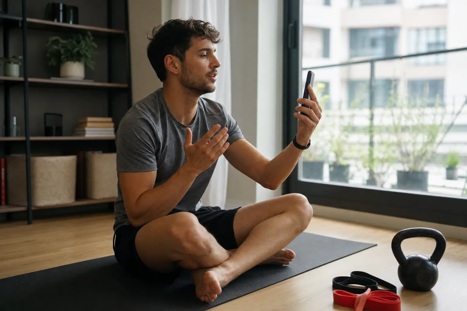 A person sitting on a floor mat at home, speaking to their phone.