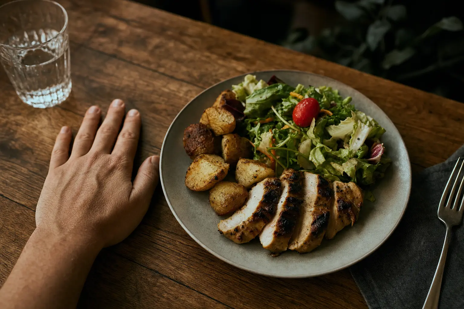 A hand next to a plate of food for portion size.