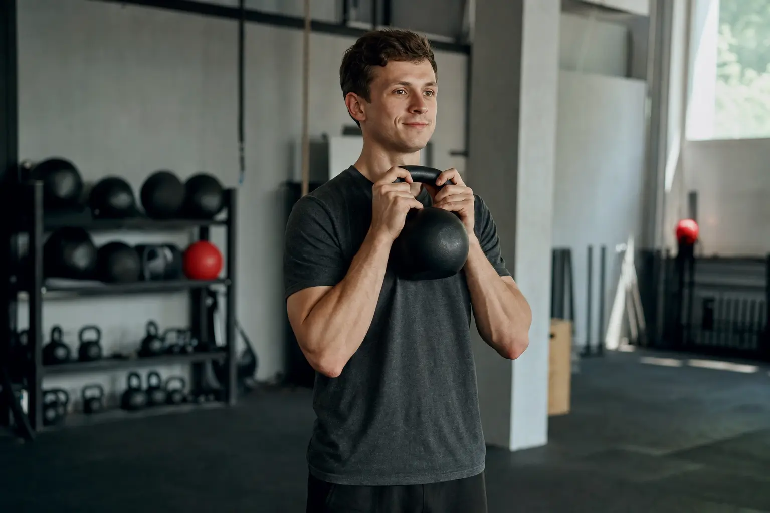 Uma pessoa iniciante segurando um kettlebell na altura do peito numa academia iluminada.
