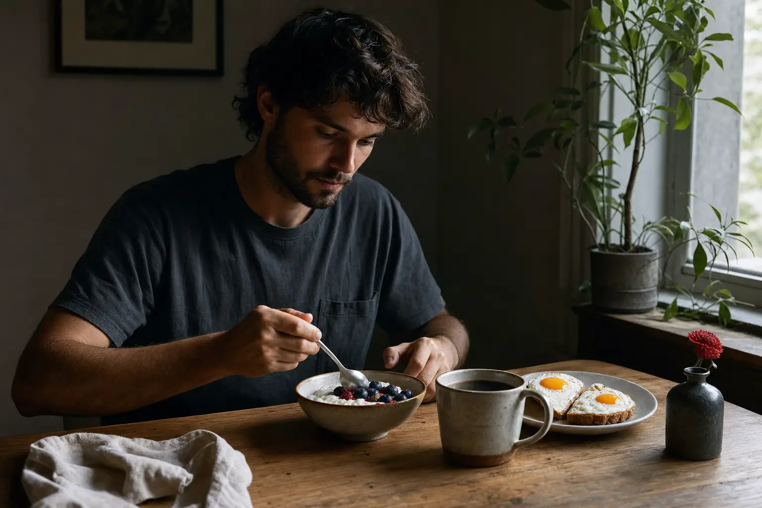 Græsk yoghurt med bær og æg på toast på et morgenbord.