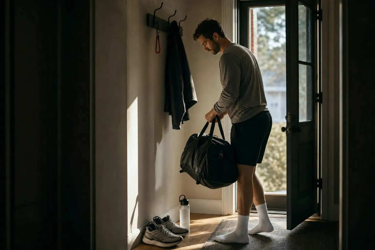 A gym bag by a front door, ready to go.