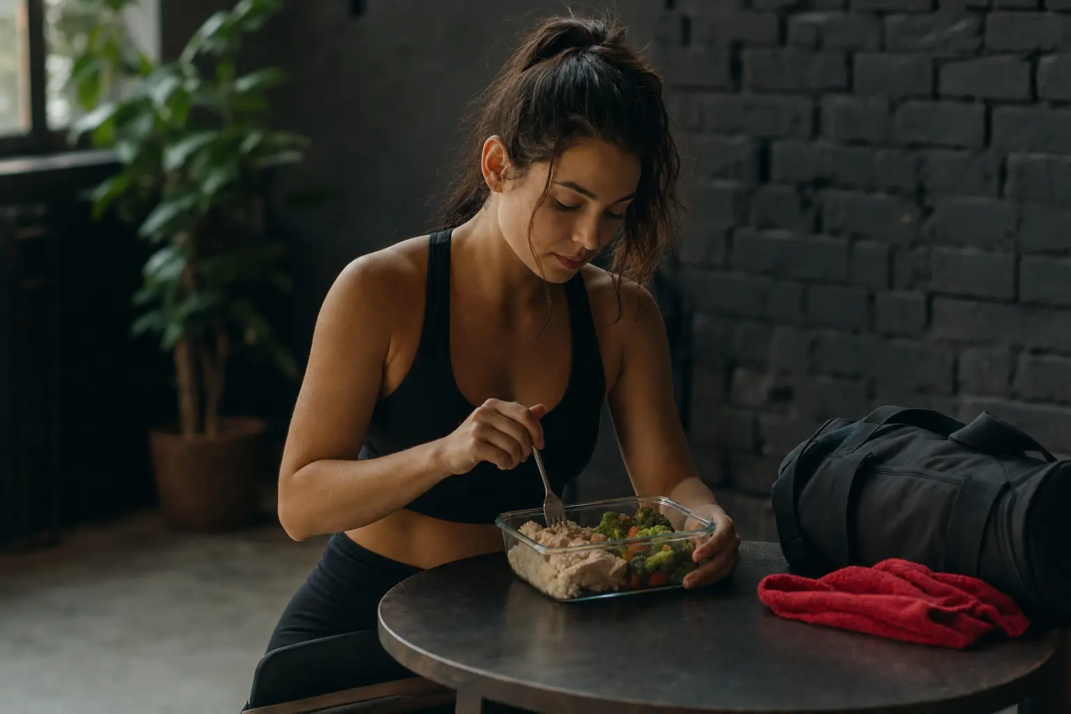 Salonun dinlenme odasında yüksek proteinli bir öğle yemeği yiyen bir sporcu.