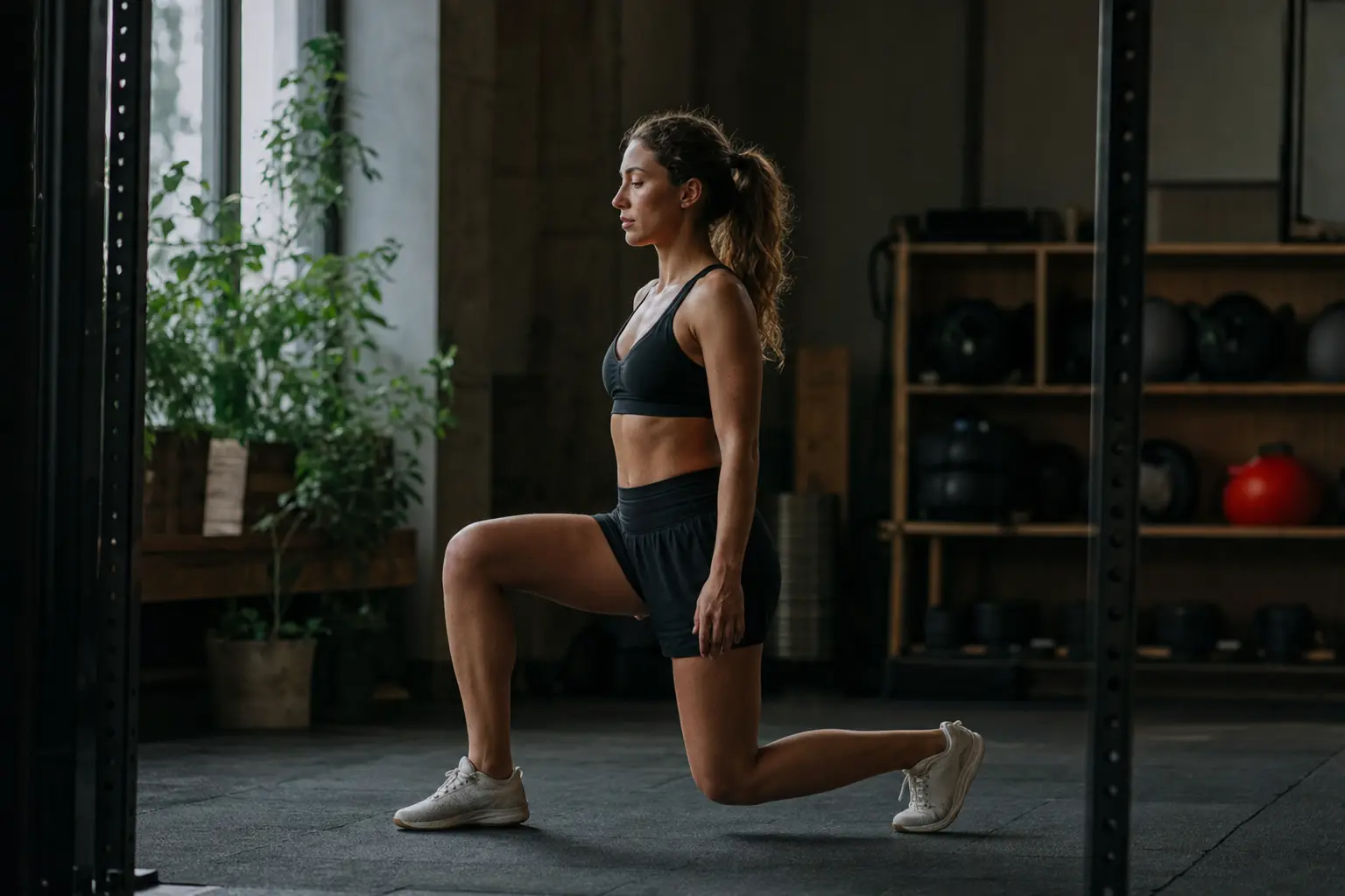 A person doing a bodyweight lunge to warm up.