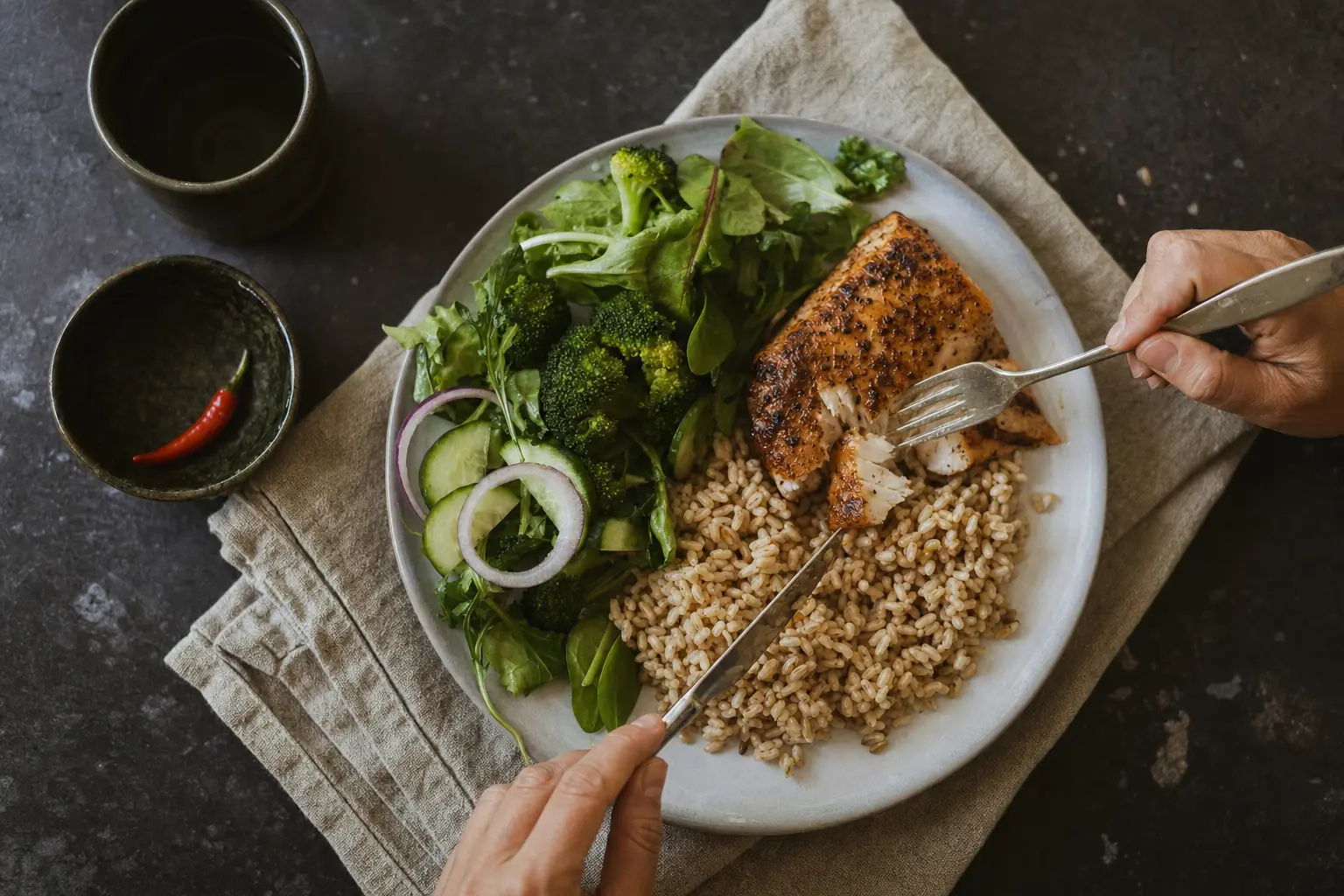 Un plato dividido entre verduras, proteína magra y cereales.