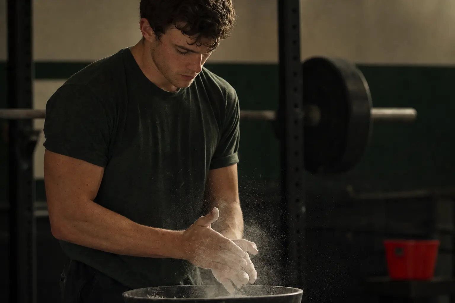 A lifter chalking their hands before a heavy single.