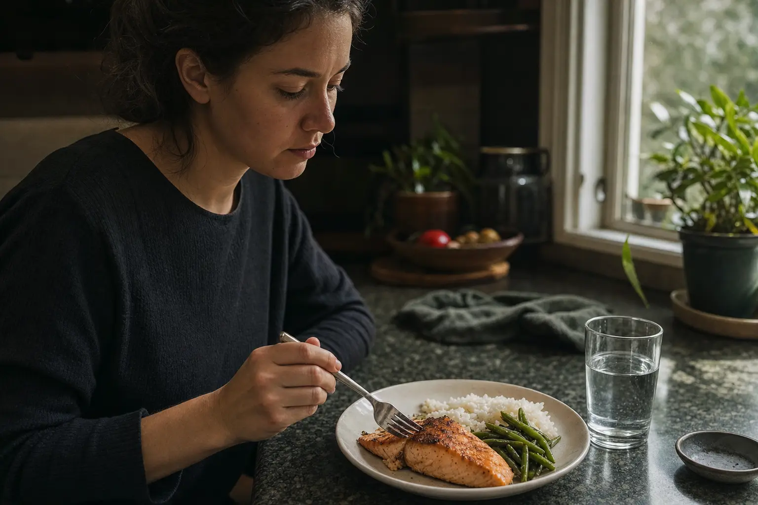 A plate of salmon, rice and greens on a kitchen counter.