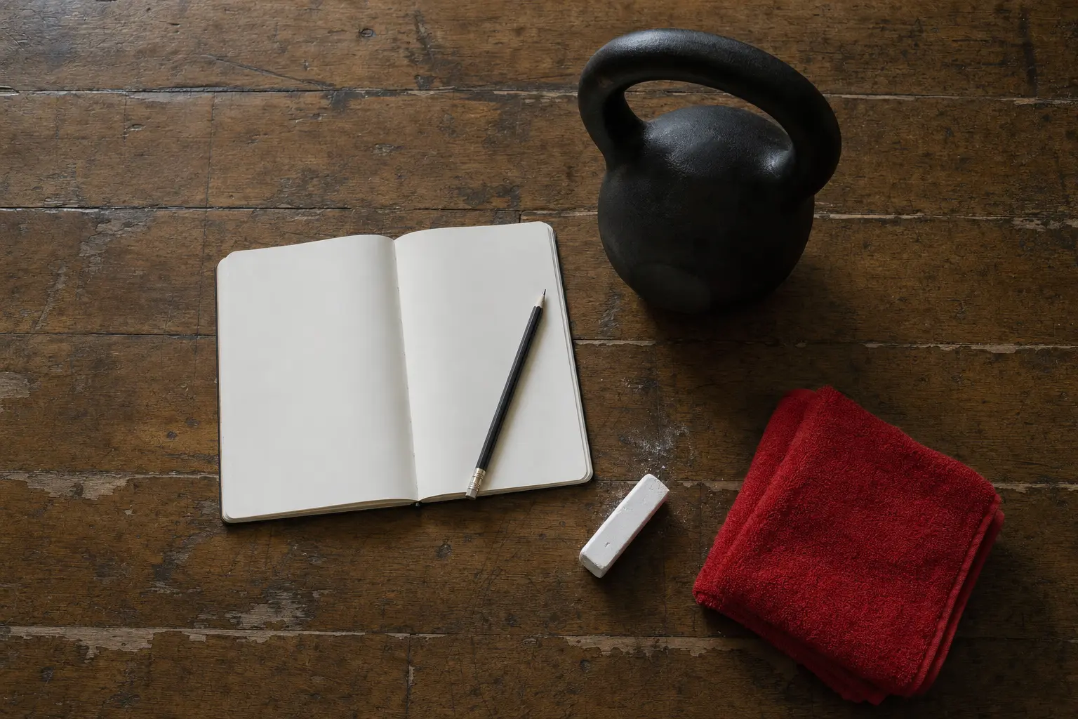 En anteckningsbok, en penna och en kettlebell på ett trägolv i ett gym.